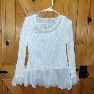 Zba Zeeba Cottagecore Coquette  Lace Crochet Blouse Pearl Beaded Ruffle